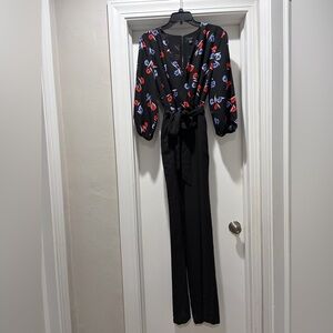 Ann Taylor Black Jumpsuit with Red and Blue Floral Design